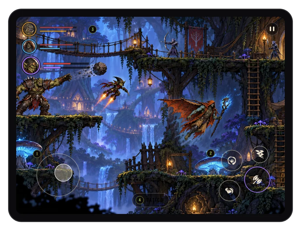 iPad com o jogo e os controles de toque